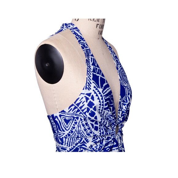 Vintage 60s 70s Hawaii Nei Hawaiian Blue White Halter Maxi Sundress Dress - Picture 9 of 16